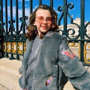 Lola + the Boys Grey Faux Fur Patch Moto Coat Jacket Size 12